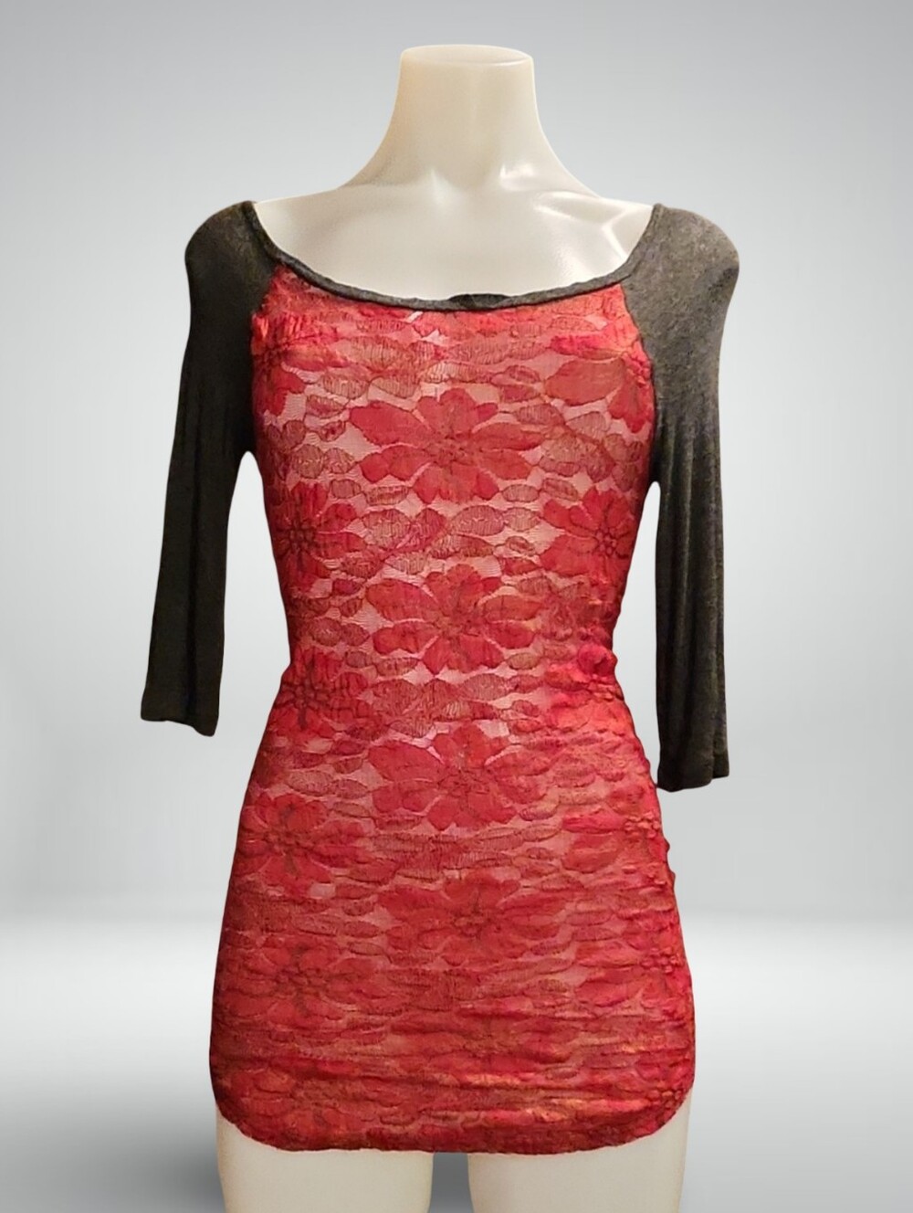 ❥BKE Red Black Lace Floral 3/4 Sleeve Scoop Neck Top XS Women's Pullover❥So Cute